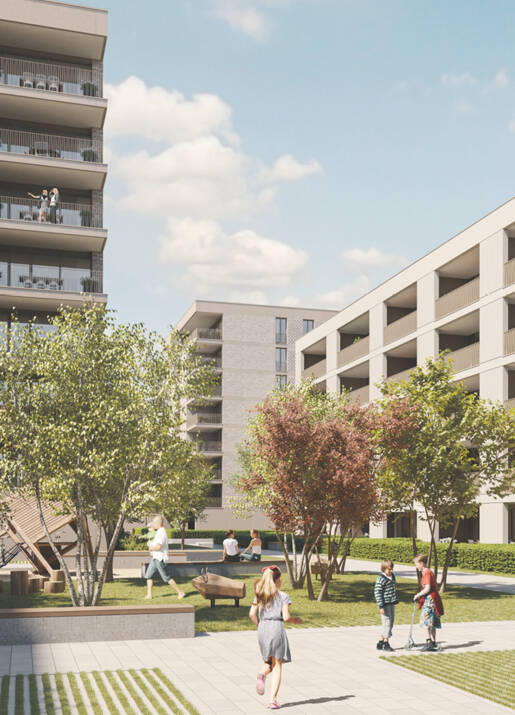 Auf einer Gesamtfläche von 33.054 Quadratmetern entsteht das Vierlinden-Quartier mit insgesamt 13 Mehrfamilienhäusern mit, angelegt um drei Höfe und einen zentralen Quartiersplatz. Das Quartierskonzept